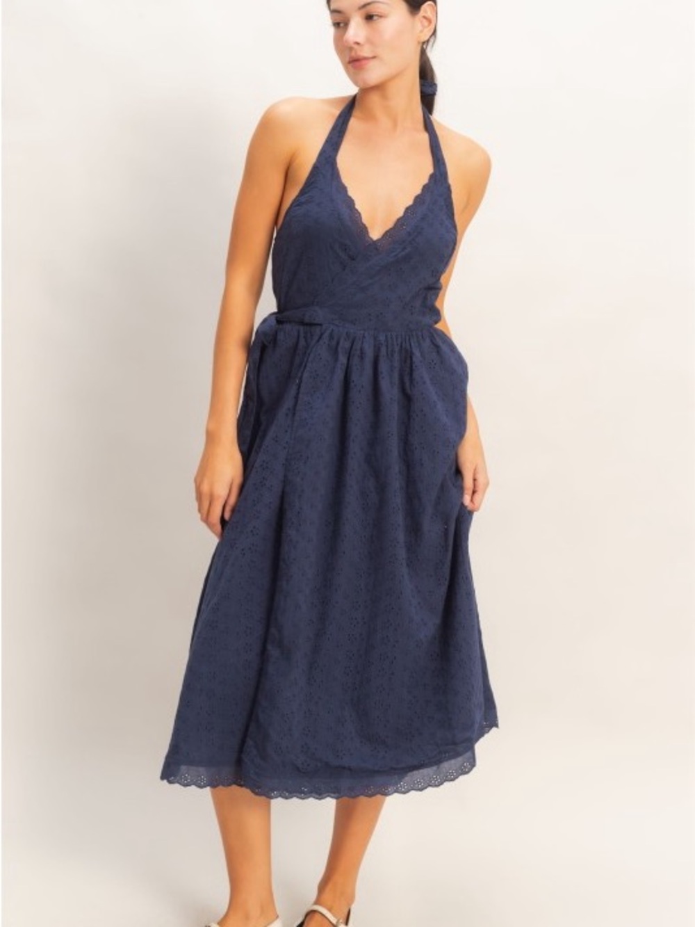 NWT 100% Cotton Navy Halter Eyelet Midi Dress